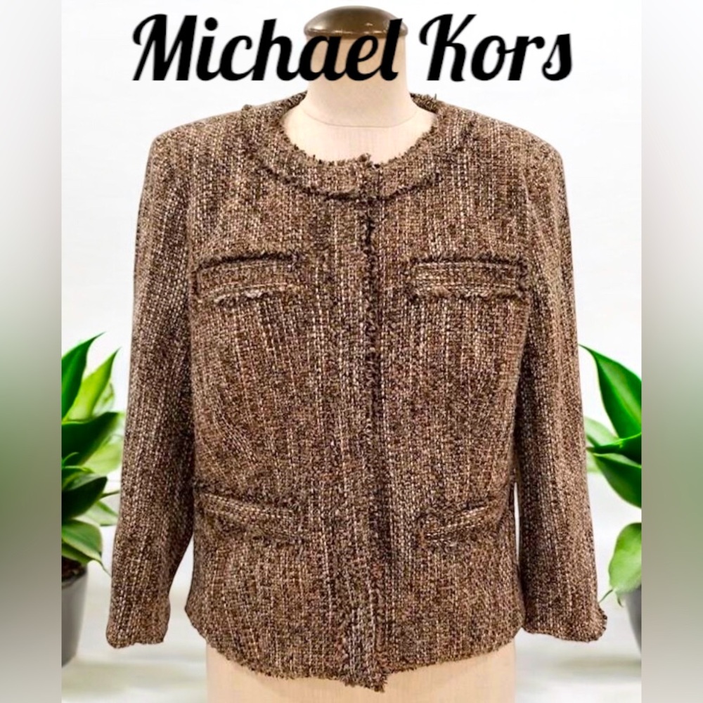 Michael Kors Womens Tweed Blazer Jacket Size 10 Chocolate Brown EUC